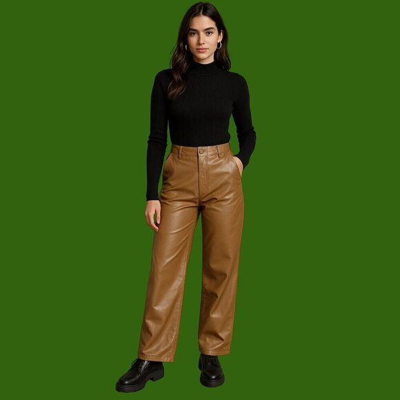 Shein Faux Leather Wide-Leg Pants – Caramel Brown (XS Petite) - Picture 1 of 5